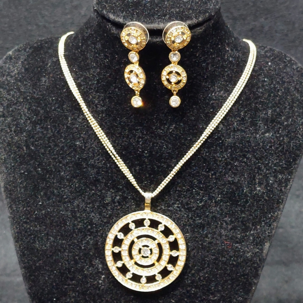 QVC Goldtone Medallion Crystal CZ Pendant Necklace & Dangle Pierced Earrings Set